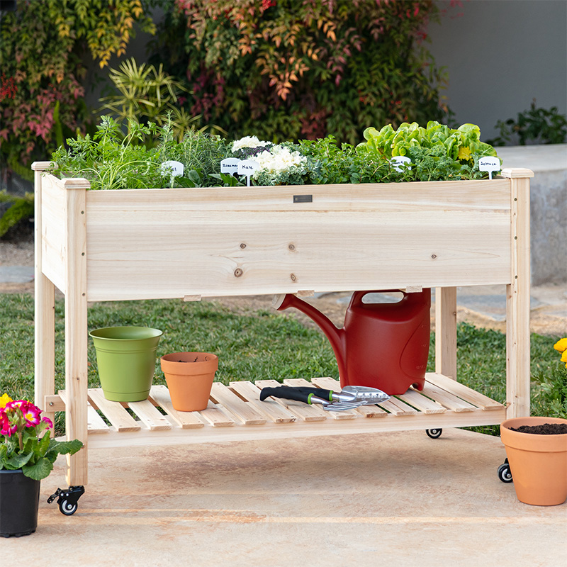 Elevatum Hortum Bed 48x24x32in Mobile Elevatum Lignum Planter w/ Lockable Rotae, Repono Shelf, Liner