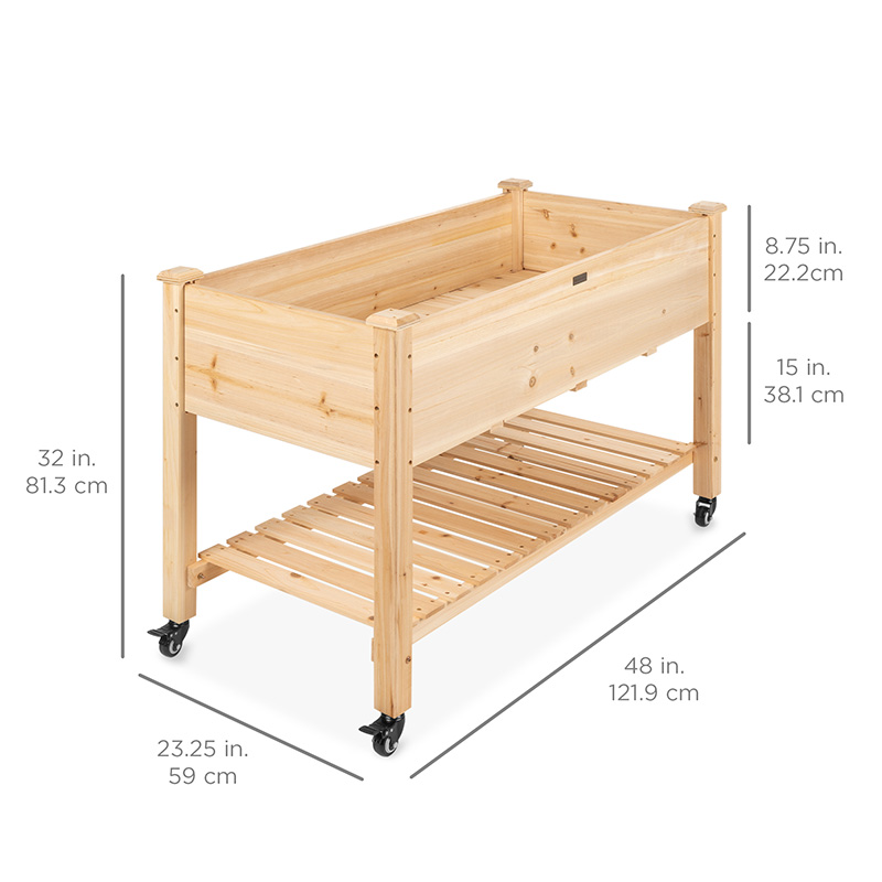 Elevatum Hortum Bed 48x24x32in Mobile Elevatum Lignum Planter w/ Lockable Rotae, Repono Shelf, Liner