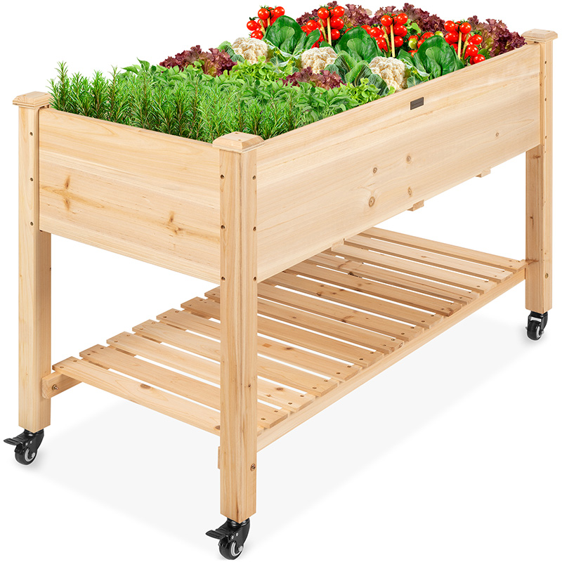Elevatum Hortum Bed 48x24x32in Mobile Elevatum Lignum Planter w/ Lockable Rotae, Repono Shelf, Liner