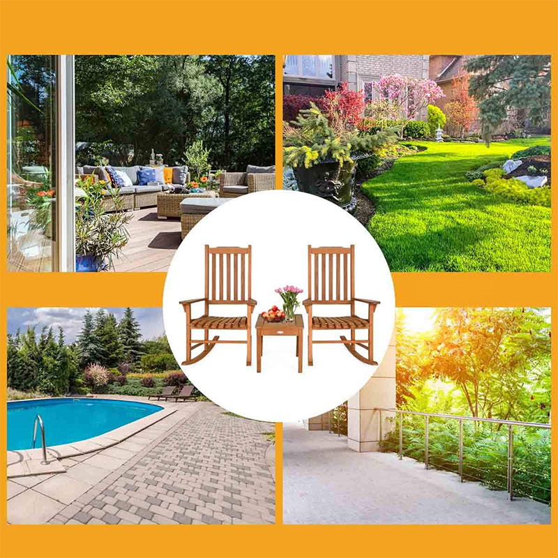 3 PCS Poplar Wood Rocking Cathedra Set W/ Coffee Table 2 Wood Conversation Chairs