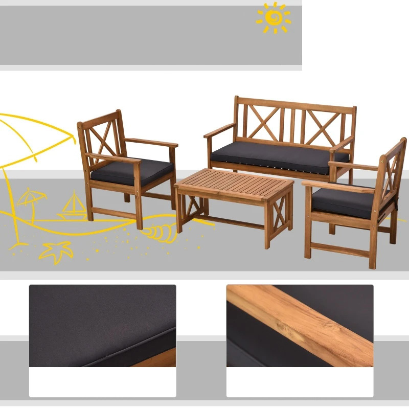 4 Piece Acacia Wood Outdoor Patio Furniture Pone cum 2 Armchairs, 1 Sofa, & 1 Coffee Tabula, Pulvinaria Comprehendo