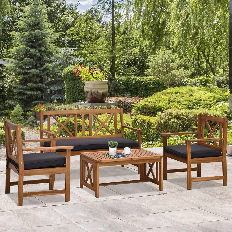 4 Piece Acacia Wood Outdoor Patio Furniture Pone cum 2 Armchairs, 1 Sofa, & 1 Coffee Tabula, Pulvinaria Comprehendo