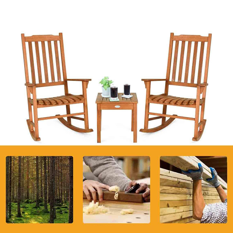 3 PCS Poplar Wood Rocking Cathedra Set W/ Coffee Table 2 Wood Conversation Chairs