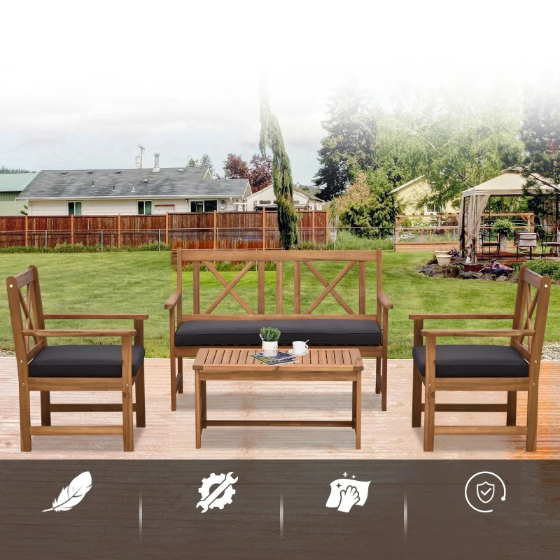 4 Piece Acacia Wood Outdoor Patio Furniture Pone cum 2 Armchairs, 1 Sofa, & 1 Coffee Tabula, Pulvinaria Comprehendo