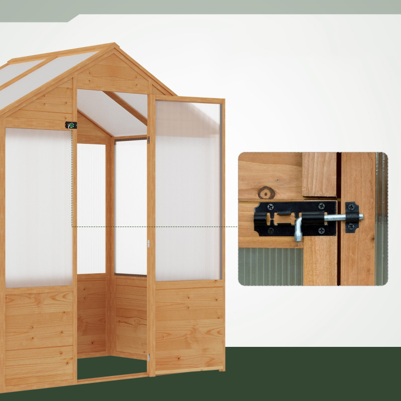 6' x 4' x 7' Wooden Greenhouse, Walk-in Green House, Outdoor Polycarbonate Greenhouse with Door, Natural.