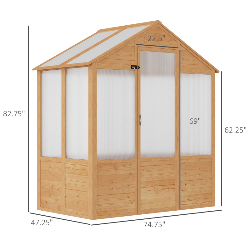 6' x 4' x 7' Wooden Greenhouse, Walk-in Green House, Outdoor Polycarbonate Greenhouse with Door, Natural.