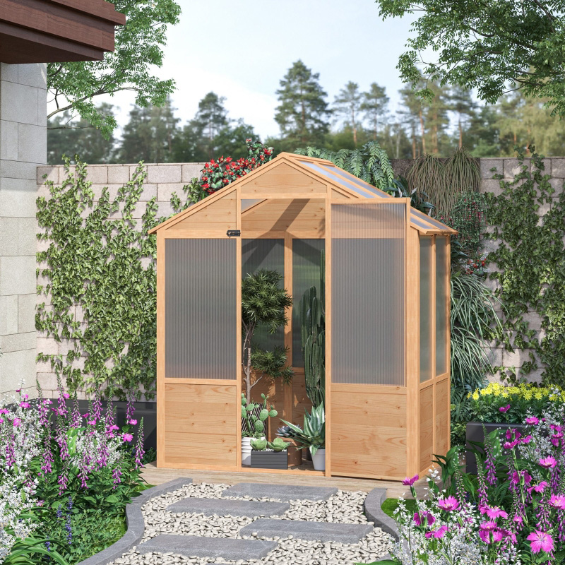 6' x 4' x 7' Wooden Greenhouse, Walk-in Green House, Outdoor Polycarbonate Greenhouse with Door, Natural.