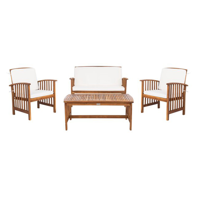 4 Piece Acacia Wood Outdoor Patio Furniture Pone cum 2 Armchairs, 1 Sofa, & 1 Coffee Tabula, Pulvinaria Comprehendo