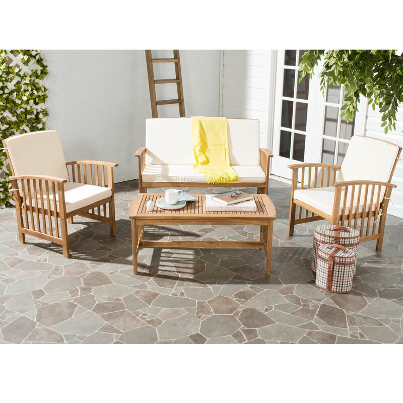 4 Piece Acacia Wood Outdoor Patio Furniture Pone cum 2 Armchairs, 1 Sofa, & 1 Coffee Tabula, Pulvinaria Comprehendo